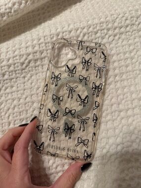 Clear Bow Print Phone Case with Silver Ring IPhone 16 Plus, MagSafe Case!